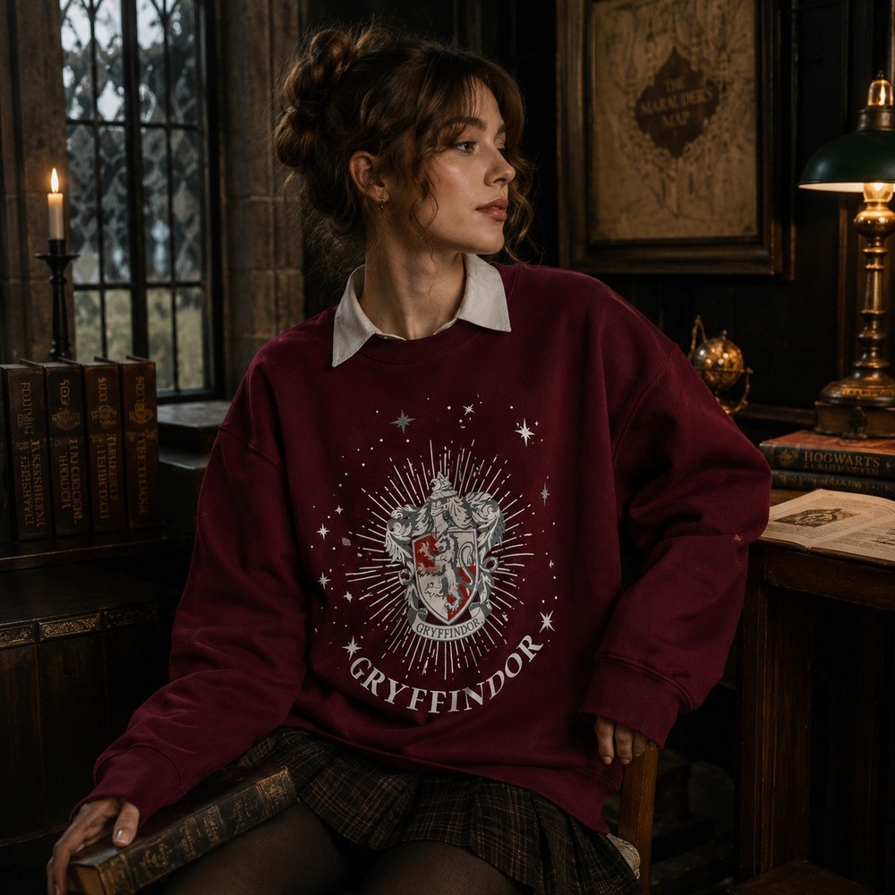 Harry Potter Gryffindor Crest Crewneck Sweatshirt Sz L Burgundy Forbidden Forest